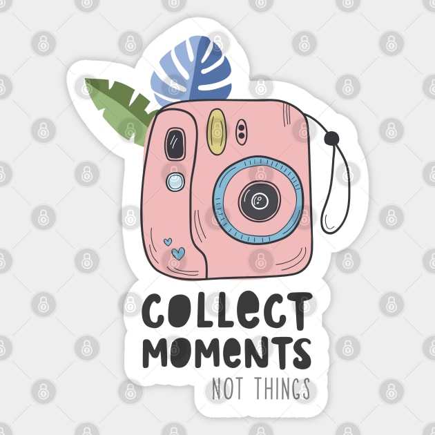 Instant camera with photos. Illustration with a camera and tropical leaves and the inscription. Appreciate moments, not things Sticker by Var Space